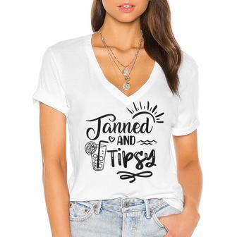 Tanned & Tipsy Hello Summer Vibes Beach Vacay Summertime Women's Jersey Short Sleeve Deep V-Neck Tshirt - Seseable