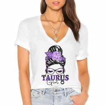 Taurus Girl Birthday Messy Bun Hair Purple Floral Women's Jersey Short Sleeve Deep V-Neck Tshirt - Seseable