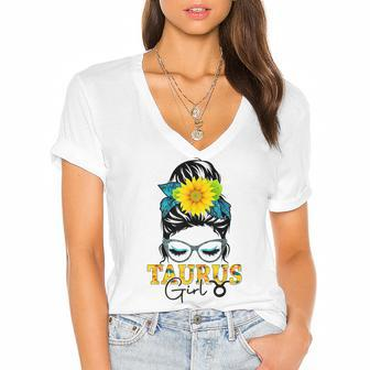 Taurus Girl Birthday Messy Bun Hair Sunflower Women's Jersey Short Sleeve Deep V-Neck Tshirt - Seseable