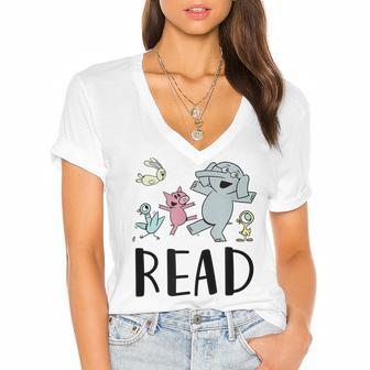 Teacher Library Funny Read Book Club Piggie Elephant Pigeons Women's Jersey Short Sleeve Deep V-Neck Tshirt - Thegiftio UK