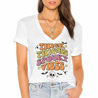 Thick Thighs And Spooky Vibes Spooky Season Halloween Women's Jersey Short Sleeve Deep V-Neck Tshirt - Seseable
