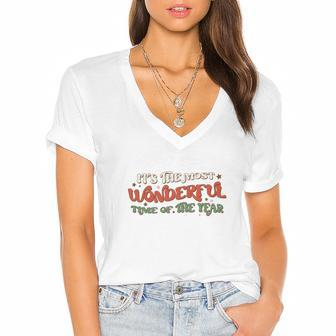 Vintage Christmas Most Wonderful Time Of The Year Women's Jersey Short Sleeve Deep V-Neck Tshirt | Seseable CA