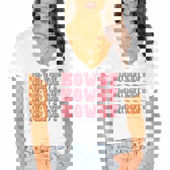 Vintage White Howdy Rodeo Western Country Southern Cowgirl V2 Women's Jersey Short Sleeve Deep V-Neck Tshirt - Seseable
