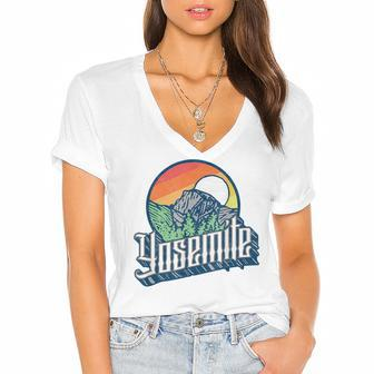 Vintage Yosemite National Park Half Dome Retro Graphic Women's Jersey Short Sleeve Deep V-Neck Tshirt - Seseable