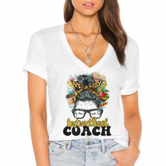 Womens Back To School Instructional Coach Messy Bun Teaching Squad Women's Jersey Short Sleeve Deep V-Neck Tshirt - Thegiftio
