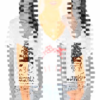 Womens Mema Life Messy Bun Softball Baseball Lover Mothers Day Gift Women's Jersey Short Sleeve Deep V-Neck Tshirt - Thegiftio