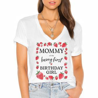 Womens Mommy Of The Berry First Birthday Girl Sweet One Strawberry Women's Jersey Short Sleeve Deep V-Neck Tshirt - Seseable