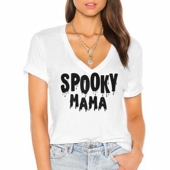 Womens Spooky Mama Mom Fun Scary Pumpkin Halloween Costume Boo Fall Women's Jersey Short Sleeve Deep V-Neck Tshirt - Seseable