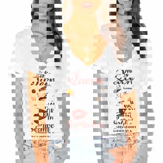 Womens This Queen Was Born In September Happy Birthday To Me Women's Jersey Short Sleeve Deep V-Neck Tshirt - Thegiftio