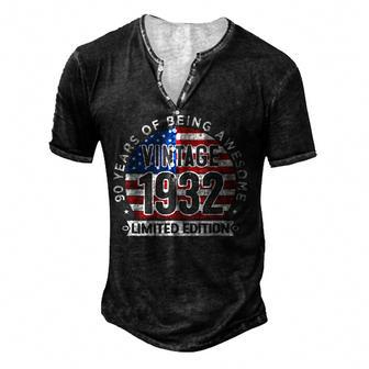 90Th Birthday Gifts Men Vintage 1932 90 Years Old Usa Flag Men's Henley Button-Down 3D Print T-shirt - Thegiftio UK
