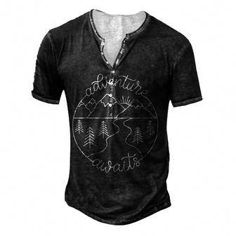Adventure Awaits Camping Hiking Outdoor Travel Men's Henley Button-Down 3D Print T-shirt - Thegiftio UK