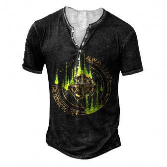 Always Take The Scenic Route Funny Adventure Hiking Camping Men's Henley Button-Down 3D Print T-shirt - Thegiftio UK