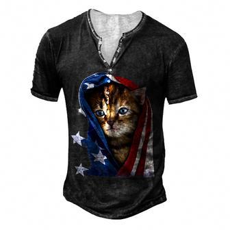 America Cat Lover Glasses American Flag Cat Pride America Men's Henley Button-Down 3D Print T-shirt - Thegiftio UK