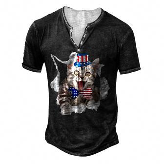America Cat Lover Glasses American Flag Cat Pride America V2 Men's Henley Button-Down 3D Print T-shirt - Thegiftio UK