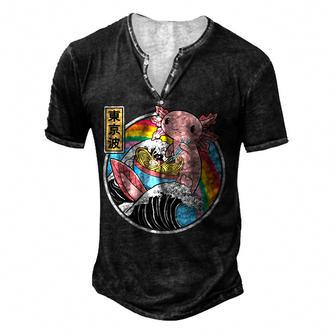 Anime Axolotl Waifu Who Love Anime Ramen And Sketching Japan V2 Men's Henley Button-Down 3D Print T-shirt - Thegiftio UK