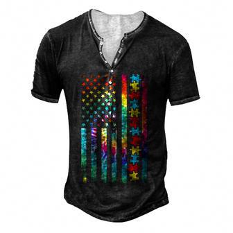 Autism American Flag Tie Dye Autism Awareness Boys Kids Men's Henley Button-Down 3D Print T-shirt - Thegiftio UK