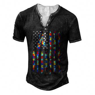 Autism Awareness American Flag Ribbon Puzzle Autism Men's Henley Button-Down 3D Print T-shirt - Thegiftio UK