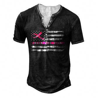 Back The Pink Ribbon American Flag Breast Cancer Awareness Men's Henley Button-Down 3D Print T-shirt - Thegiftio UK