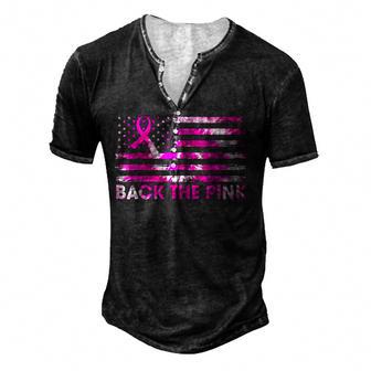 Back The Pink Ribbon American Flag Breast Cancer Awareness Men's Henley Button-Down 3D Print T-shirt - Thegiftio UK
