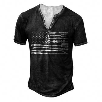 Bbq Utensil American Flag Memorial Day Grilling Meat Smoking Men's Henley Button-Down 3D Print T-shirt - Thegiftio UK