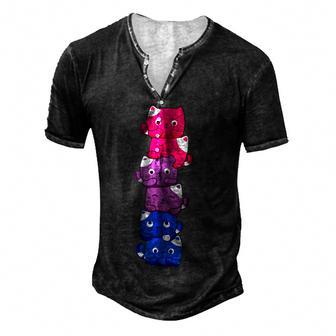 Bi Pride Cat Lgbt Bisexual Flag Cute Kawaii Cats Pile Gift Men's Henley Button-Down 3D Print T-shirt - Thegiftio UK