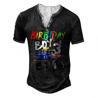 Birthday Boy 3 Year Old Monster Truck Flag 3Rd Birthday Men's Henley Button-Down 3D Print T-shirt - Thegiftio UK