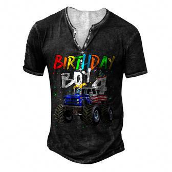 Birthday Boy 4 Year Old Monster Truck Flag 4Th Birthday Men's Henley Button-Down 3D Print T-shirt - Thegiftio UK