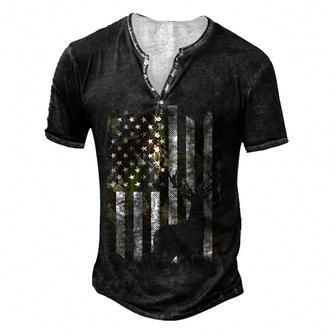 Camo Us Flag Deer Elk Buck Camoflage Hunting Hunter Dad Gift Men's Henley Button-Down 3D Print T-shirt - Thegiftio UK