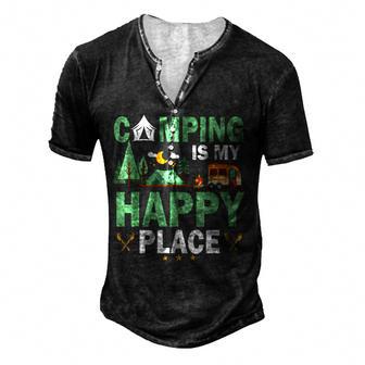 Camping Is My Happy Place Men's Henley Button-Down 3D Print T-shirt - Thegiftio UK