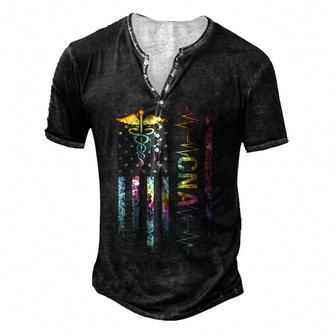 Cna Job Certified Nursing Assistant America Flag Tie Dye Men's Henley Button-Down 3D Print T-shirt - Thegiftio UK