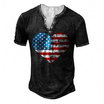 Cool Heart American Us Flag Distressed Patriotic 4Th Of July Men's Henley Button-Down 3D Print T-shirt - Thegiftio UK