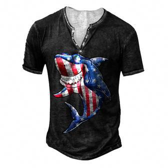 Cool Patriotic Shark American Usa Flag 4Th Of July Jawsome Men's Henley Button-Down 3D Print T-shirt - Thegiftio UK