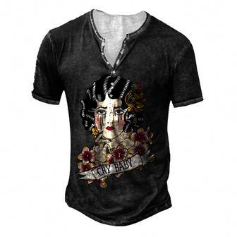 Cry Baby American Traditional Old School Lady Tattoo Men's Henley Button-Down 3D Print T-shirt - Thegiftio UK