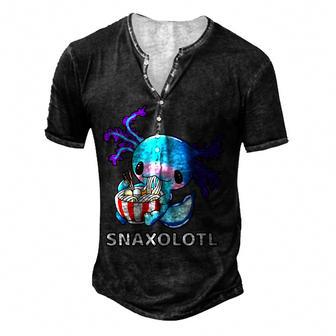 Cute Axolotl Lover Blue Snaxolotl Eating Ramen Kawaii Anime Men's Henley Button-Down 3D Print T-shirt - Thegiftio UK