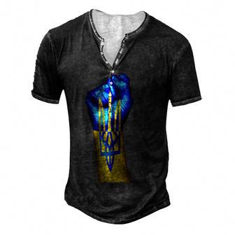 Flag Of Ukraine Trident On A Raised Clenched Fist Men's Henley Button-Down 3D Print T-shirt - Thegiftio UK