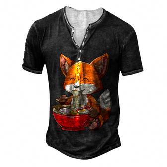 Fox Eating Ramen Ramen Noodle Lovers Fox Themed Gift Men's Henley Button-Down 3D Print T-shirt - Thegiftio UK