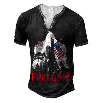 Freedom Bigfoot Rocking In The Forest American Flag 4Th July Men's Henley Button-Down 3D Print T-shirt - Thegiftio UK