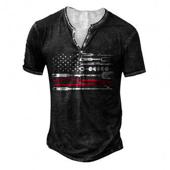 Funny American Flag Grilling Tools Bbq Grill Barbecue Tool Men's Henley Button-Down 3D Print T-shirt - Thegiftio UK
