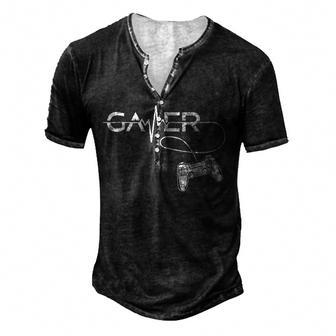 Gamer Heartbeat Vintage Video Gamer Controller Gift Boys Men Men's Henley Button-Down 3D Print T-shirt - Thegiftio UK