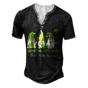 Gnome One Fights Alone Green Ribbon Mental Health Awareness Men's Henley Button-Down 3D Print T-shirt - Thegiftio UK