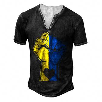 Hand Fist Ukraine Ukrainian Flag Love Heart Ukraine Support Men's Henley Button-Down 3D Print T-shirt - Thegiftio UK