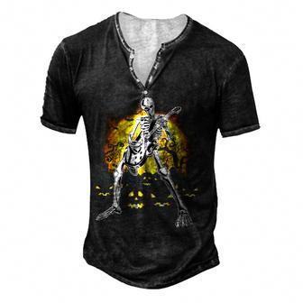 Happy Halloween Funny Skeleton Playing Guitar Pumpkin Vibes Men's Henley Button-Down 3D Print T-shirt - Thegiftio UK