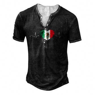 Heartbeat Mexico Flag 16 September Mexican Independence Day Men's Henley Button-Down 3D Print T-shirt - Thegiftio UK