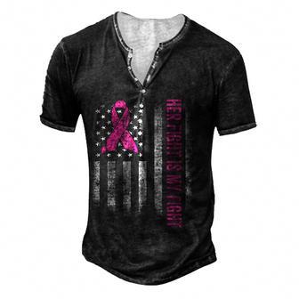 Her Fight Is My Fight American Flag Breast Cancer Awareness V2 Men's Henley Button-Down 3D Print T-shirt - Thegiftio UK