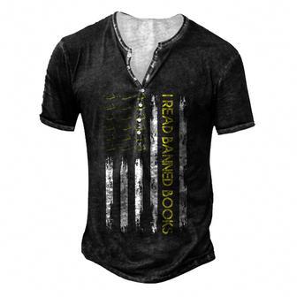 I Read Banned Books Retro Usa Flag Reading Librarian Reader Men's Henley Button-Down 3D Print T-shirt - Thegiftio UK