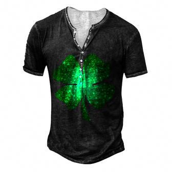 Irish Lucky Shamrock Green Four Leaf Clover St Patricks Day Men's Henley Button-Down 3D Print T-shirt - Thegiftio