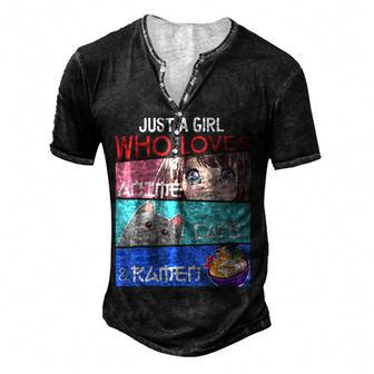 Just A Girl Who Loves Anime Cats Ramen Lover Kawaii Otaku Men's Henley Button-Down 3D Print T-shirt - Thegiftio UK