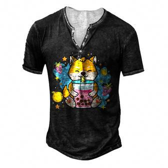 Kawaii Anime Shiba Inu Dog Drinking Boba Bubble Tea Men's Henley Button-Down 3D Print T-shirt - Thegiftio UK