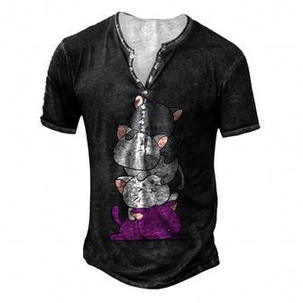 Kawaii Cat Pile Anime - Asexual Pride Flag Kittens Men's Henley Button-Down 3D Print T-shirt - Thegiftio UK