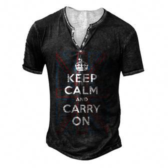 Keep Calm And Carry On With Outline Of Uk Flag Men's Henley Button-Down 3D Print T-shirt - Thegiftio UK